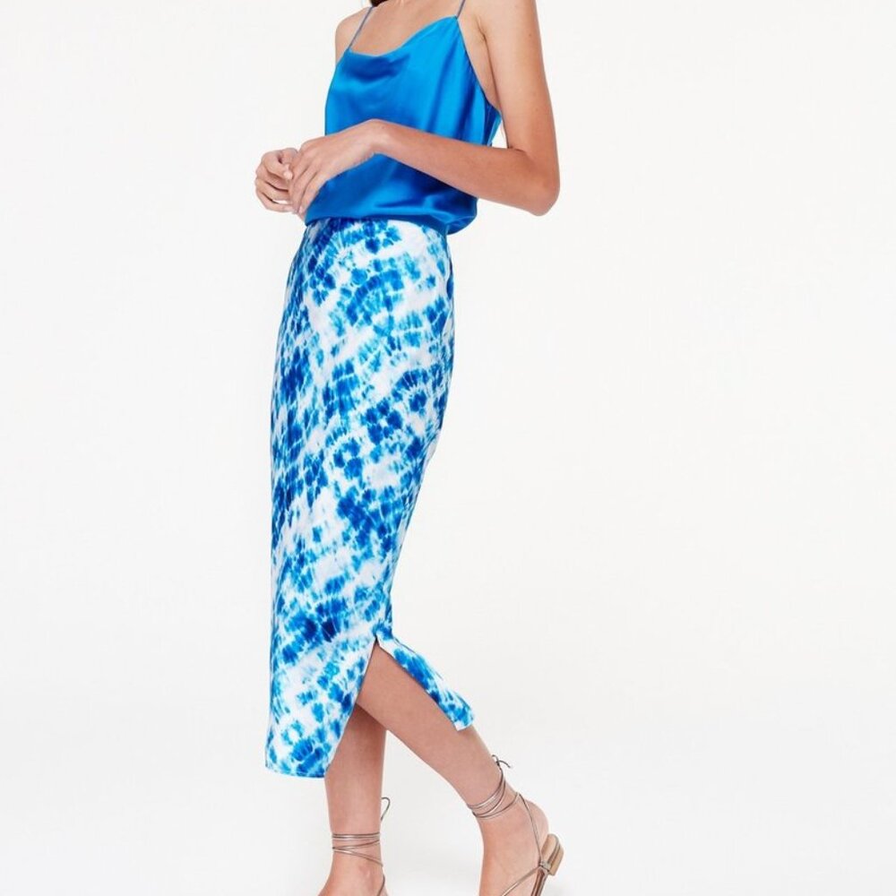 CAMI NYC silk midi skirt blue and white